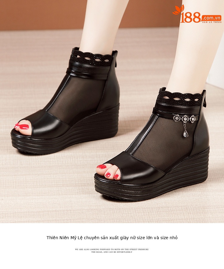 Sandal cao gót đế xuồng lưới nữ mũi hở, gót 9 cm, đế dày thoáng khí — Màu đen chi tiết 11