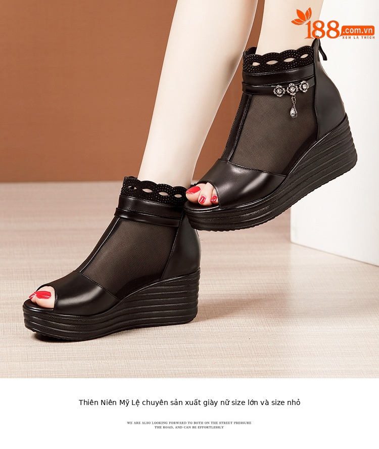 Sandal cao gót đế xuồng lưới nữ mũi hở, gót 9 cm, đế dày thoáng khí — Màu đen chi tiết 12