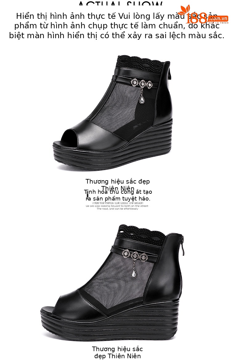 Sandal cao gót đế xuồng lưới nữ mũi hở, gót 9 cm, đế dày thoáng khí — Màu đen chi tiết 16