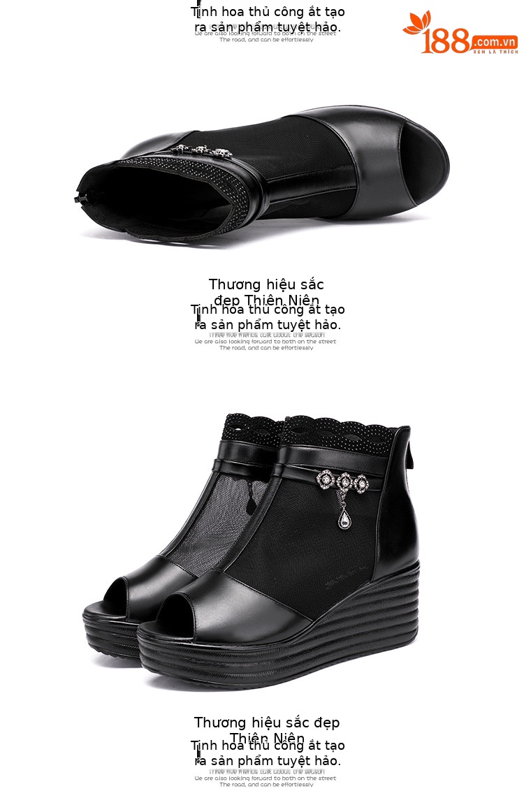Sandal cao gót đế xuồng lưới nữ mũi hở, gót 9 cm, đế dày thoáng khí — Màu đen chi tiết 17