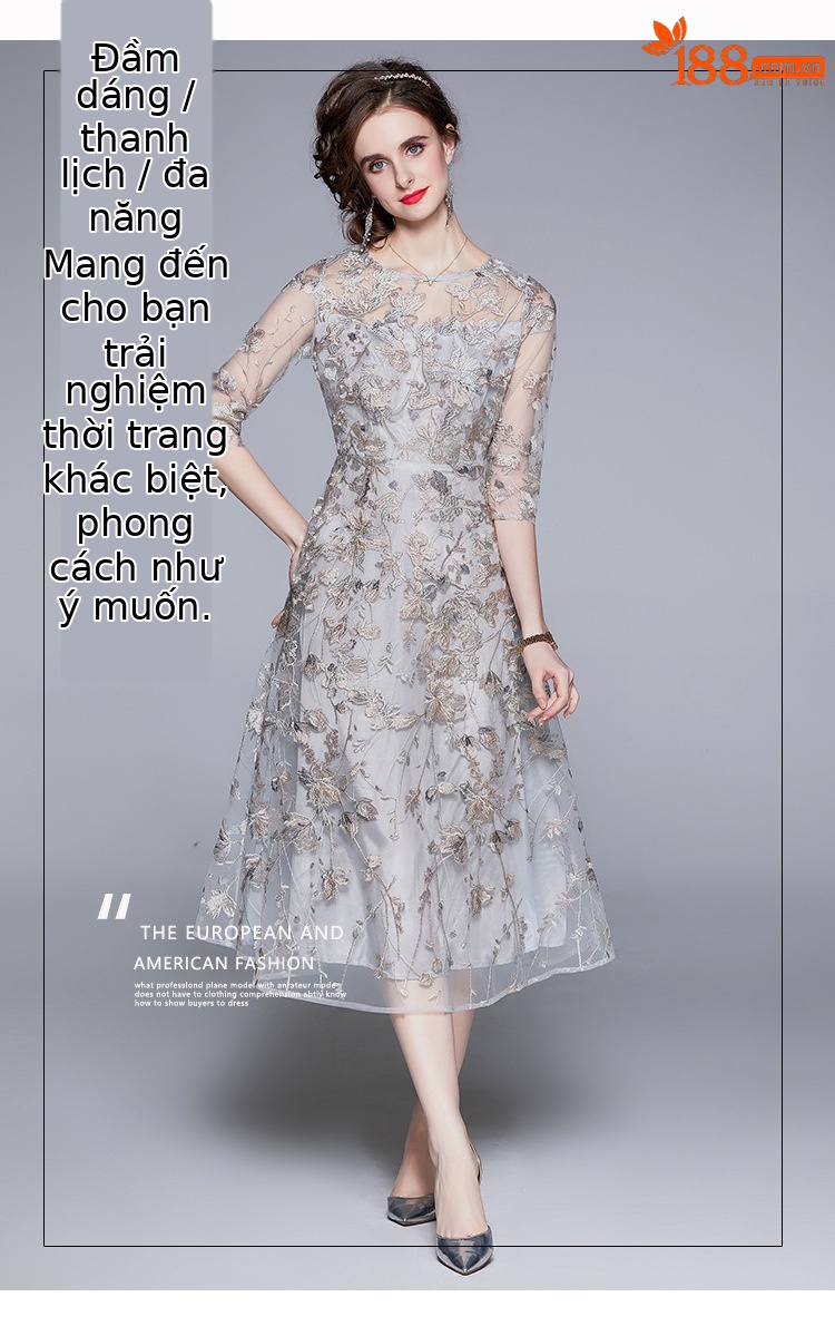 Váy dạ tiệc kiểu Pháp thêu hoa ren công nghiệp nặng 2021 mùa hè, váy liền thanh lịch cho nữ — Màu xanh nước biển chi tiết 6