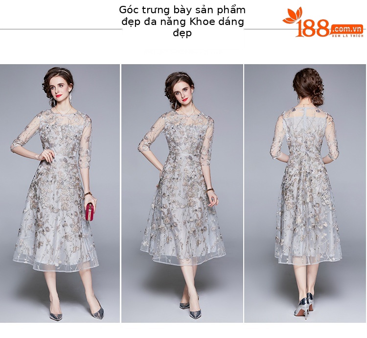 Váy dạ tiệc kiểu Pháp thêu hoa ren công nghiệp nặng 2021 mùa hè, váy liền thanh lịch cho nữ — Màu xanh nước biển chi tiết 10