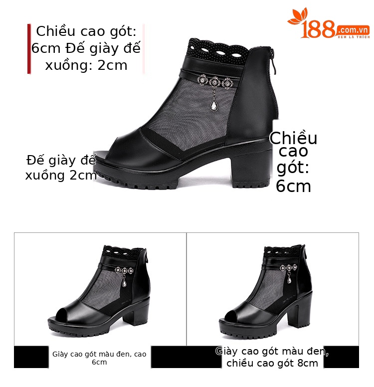 Sandal lưới hở mũi gót thô nữ đế mềm gót 8 cm — Màu đen 8 cm, Màu đen 6 cm chi tiết 5