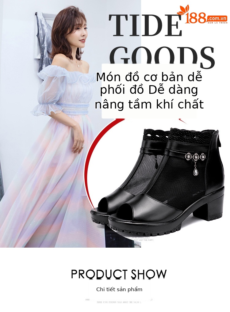Sandal lưới hở mũi gót thô nữ đế mềm gót 8 cm — Màu đen 8 cm, Màu đen 6 cm chi tiết 6