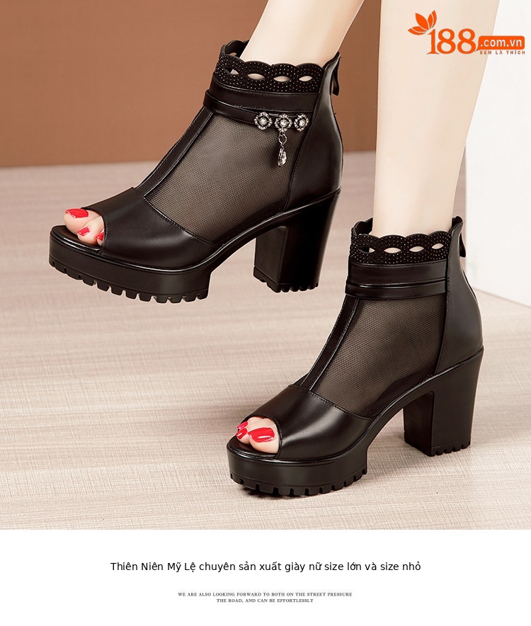 Sandal lưới hở mũi gót thô nữ đế mềm gót 8 cm — Màu đen 8 cm, Màu đen 6 cm chi tiết 14