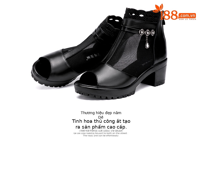 Sandal lưới hở mũi gót thô nữ đế mềm gót 8 cm — Màu đen 8 cm, Màu đen 6 cm chi tiết 18