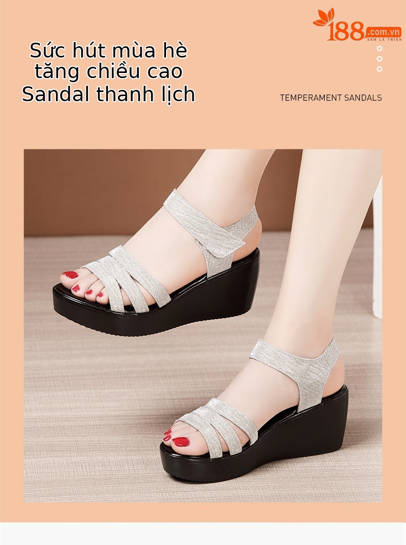Dép sandal quai ngang nữ đế platform mềm, mũi hở kiểu cá miệng, mẫu mới hè 2025, size lớn — Màu đen, Màu vàng, Màu hồng, Màu bạc chi tiết 2