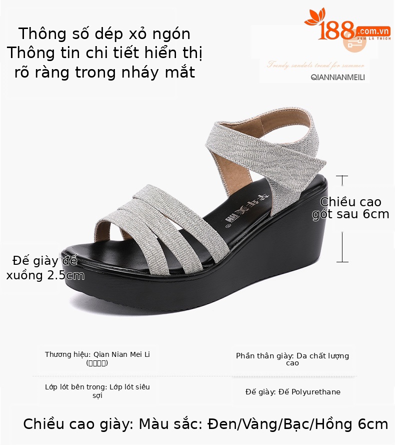 Dép sandal quai ngang nữ đế platform mềm, mũi hở kiểu cá miệng, mẫu mới hè 2025, size lớn — Màu đen, Màu vàng, Màu hồng, Màu bạc chi tiết 3