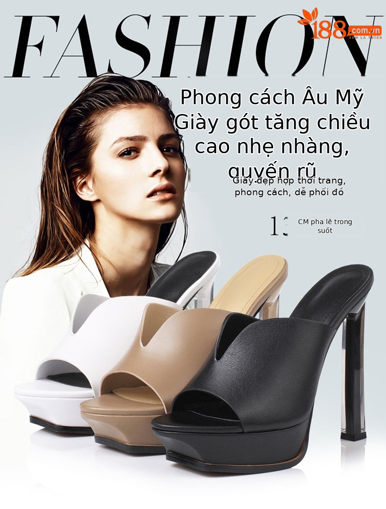 Sandal cao gót nữ hở mũi đế xuồng chống thấm, gót pha lê thời trang — Màu đen chi tiết 1