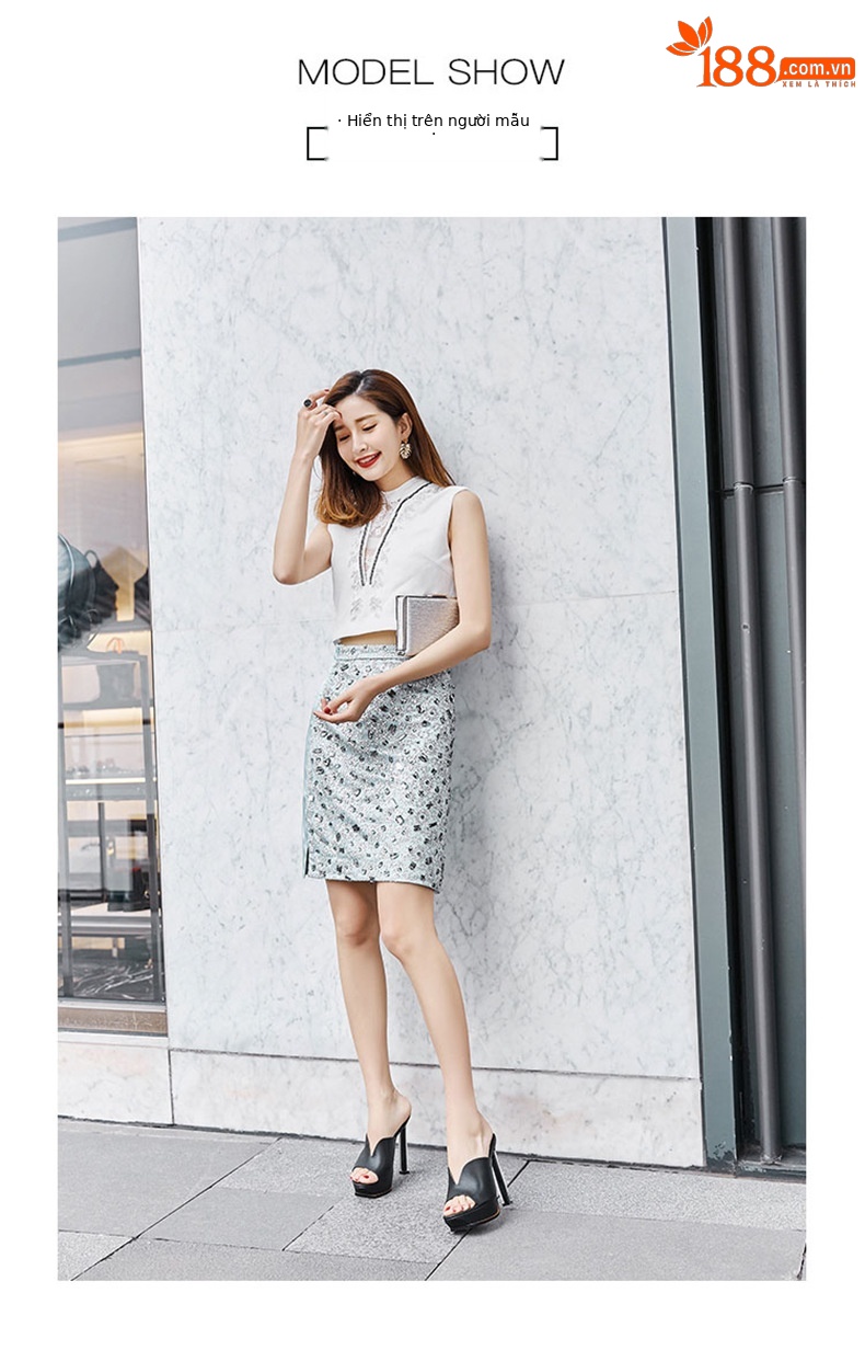 Sandal cao gót nữ hở mũi đế xuồng chống thấm, gót pha lê thời trang — Màu đen chi tiết 7