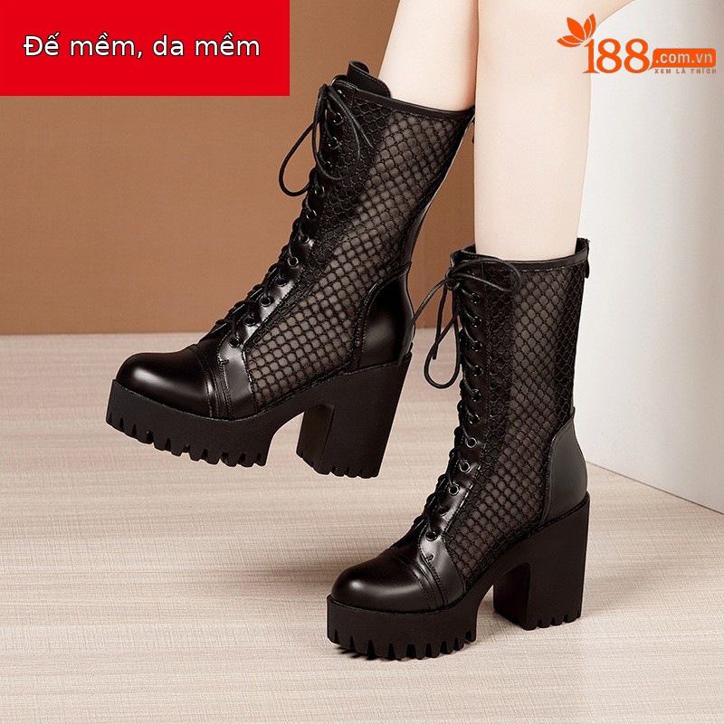 Giày boot Martin nữ da thật đế dày platform lưới rỗng thoáng khí mùa hè — Đen mờ, Da bóng đen