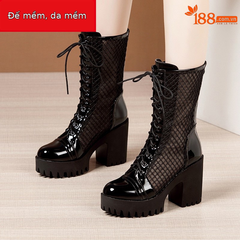 Giày boot Martin nữ da thật đế dày platform lưới rỗng thoáng khí mùa hè — Đen mờ, Da bóng đen