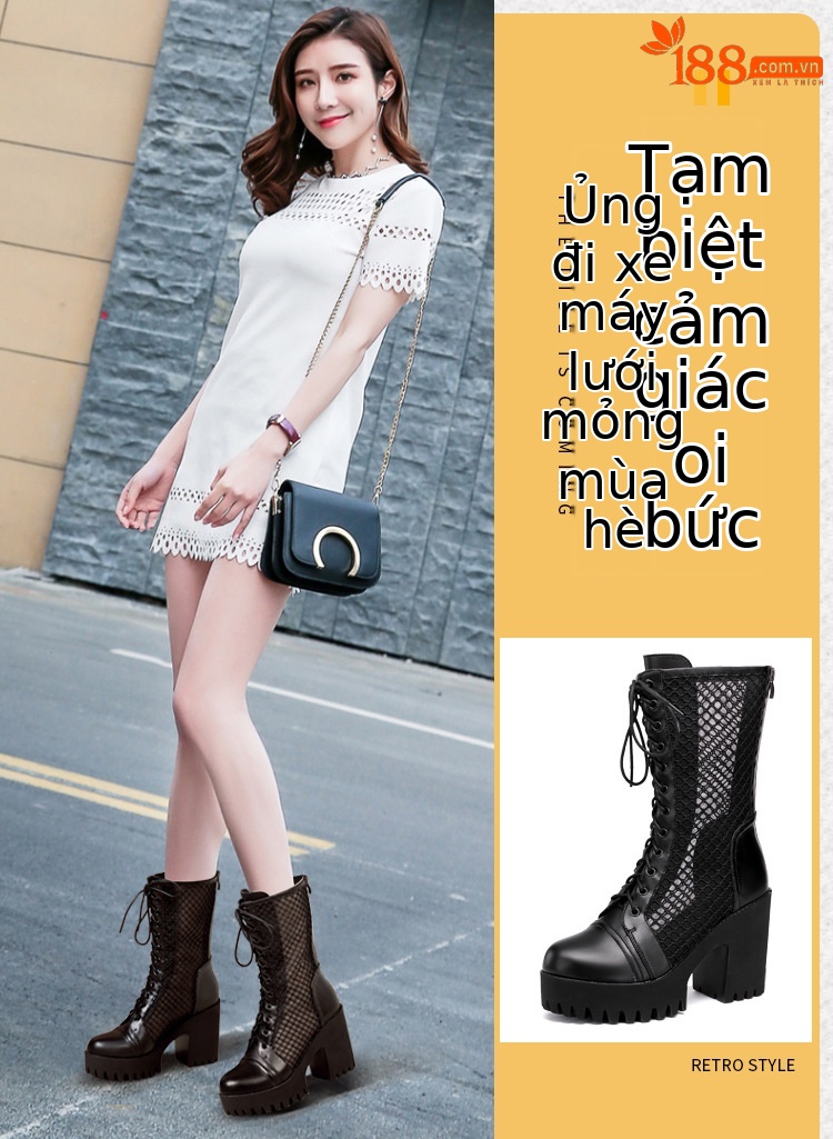 Giày boot Martin nữ da thật đế dày platform lưới rỗng thoáng khí mùa hè — Đen mờ, Da bóng đen chi tiết 1
