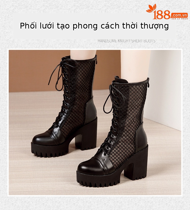 Giày boot Martin nữ da thật đế dày platform lưới rỗng thoáng khí mùa hè — Đen mờ, Da bóng đen chi tiết 2