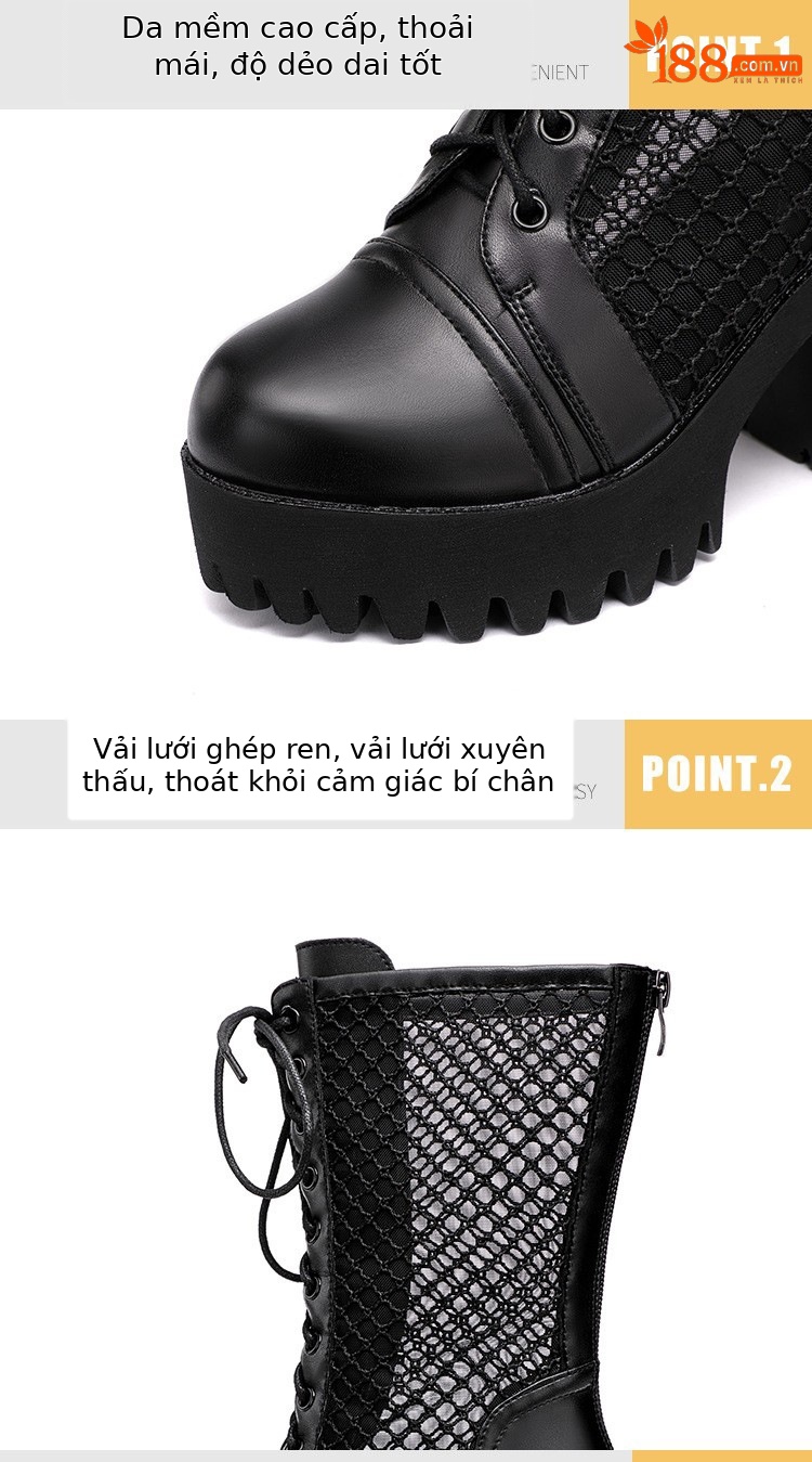Giày boot Martin nữ da thật đế dày platform lưới rỗng thoáng khí mùa hè — Đen mờ, Da bóng đen chi tiết 5