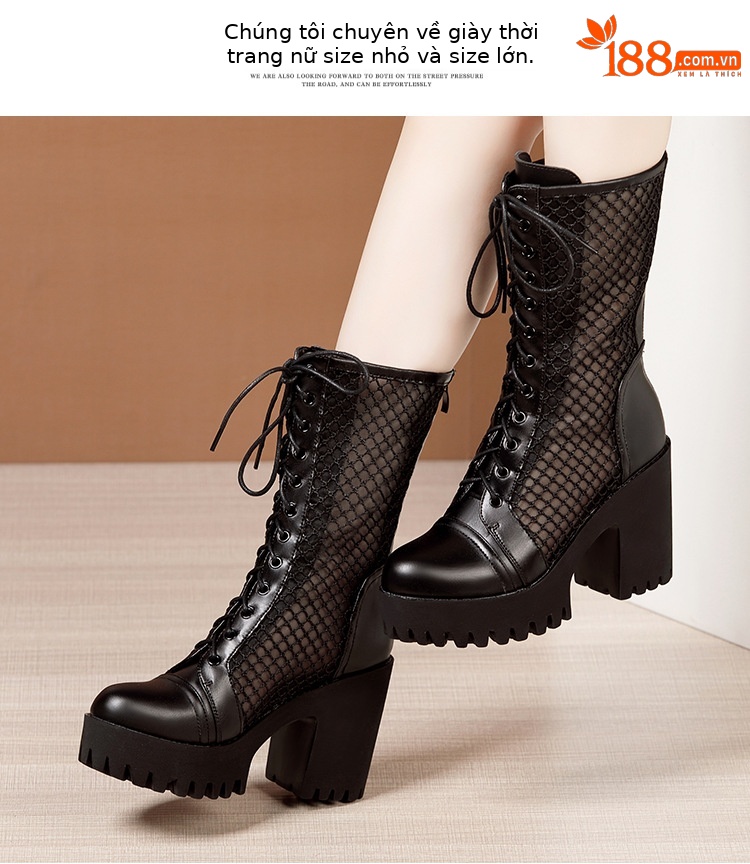 Giày boot Martin nữ da thật đế dày platform lưới rỗng thoáng khí mùa hè — Đen mờ, Da bóng đen chi tiết 8