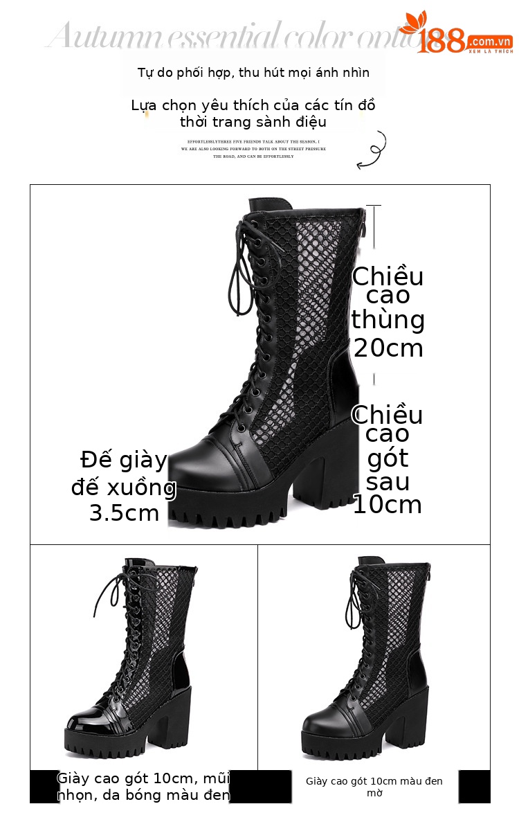 Giày boot Martin nữ da thật đế dày platform lưới rỗng thoáng khí mùa hè — Đen mờ, Da bóng đen chi tiết 3