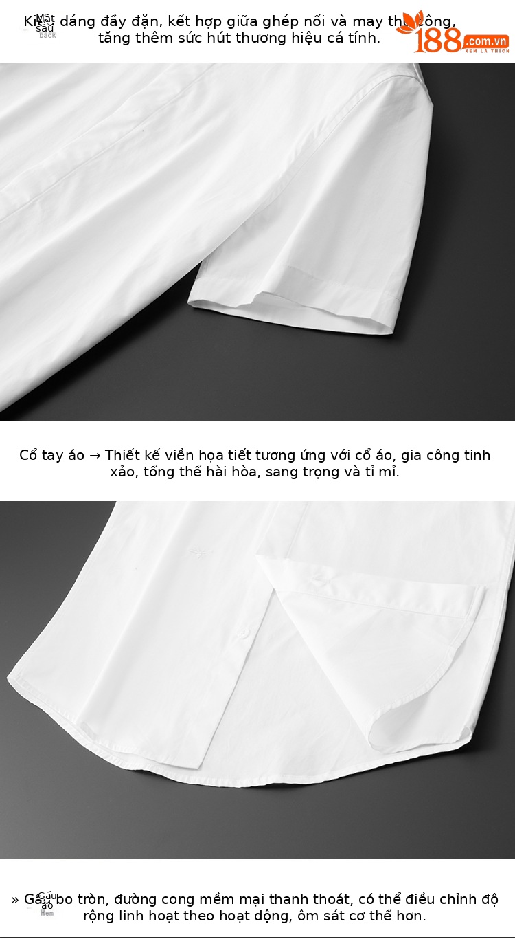 Áo sơ mi nam ngắn tay cổ nhọn thêu ong nhỏ — Màu trắng, Màu đen chi tiết 10