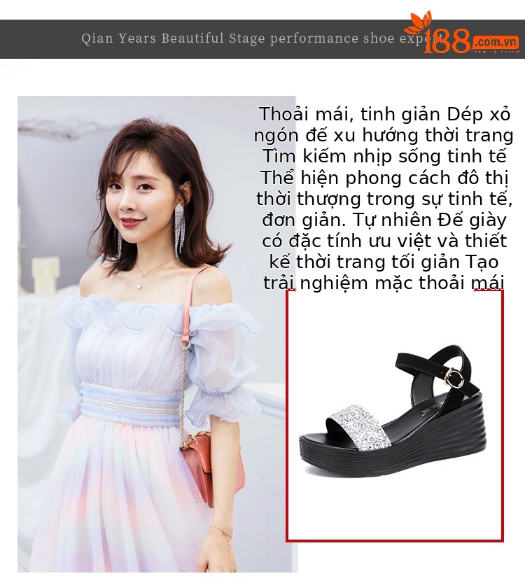 Sandal nữ đế xuồng cao gót hở mũi quai ngang đính đá platform — Màu đen, Màu vàng, Màu bạc chi tiết 2