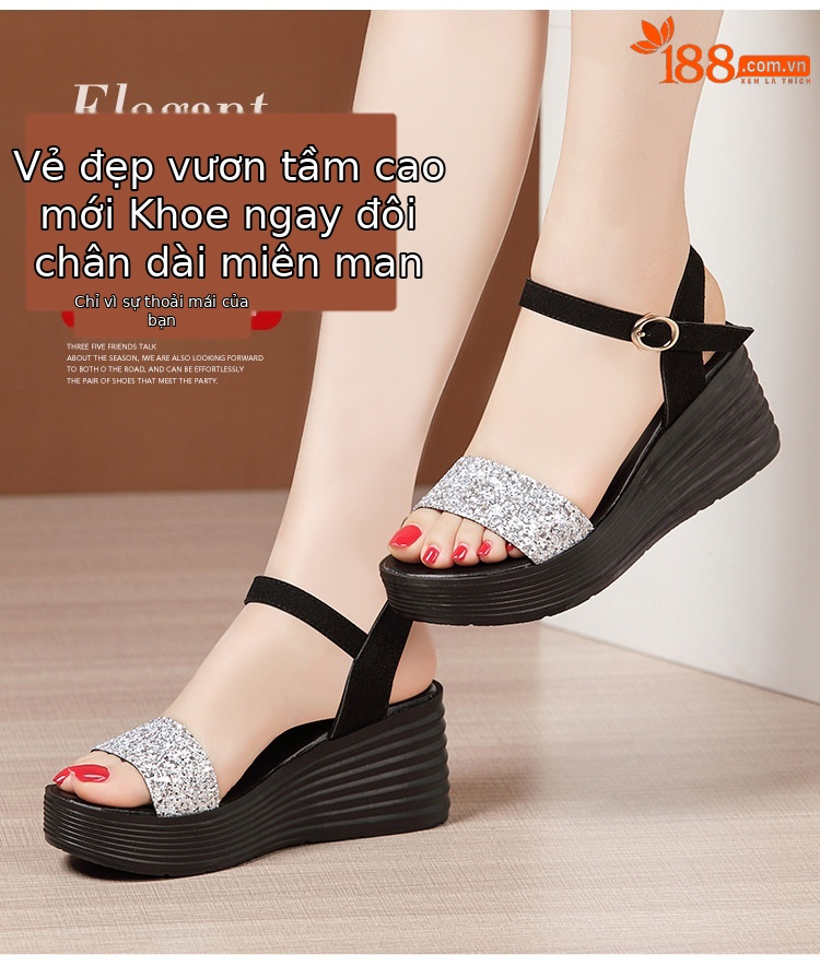 Sandal nữ đế xuồng cao gót hở mũi quai ngang đính đá platform — Màu đen, Màu vàng, Màu bạc chi tiết 3
