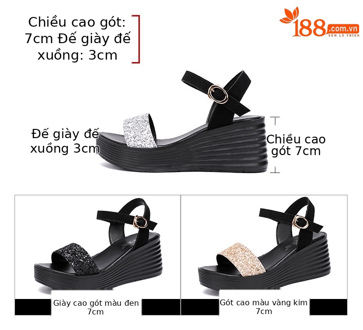 Sandal nữ đế xuồng cao gót hở mũi quai ngang đính đá platform — Màu đen, Màu vàng, Màu bạc chi tiết 5