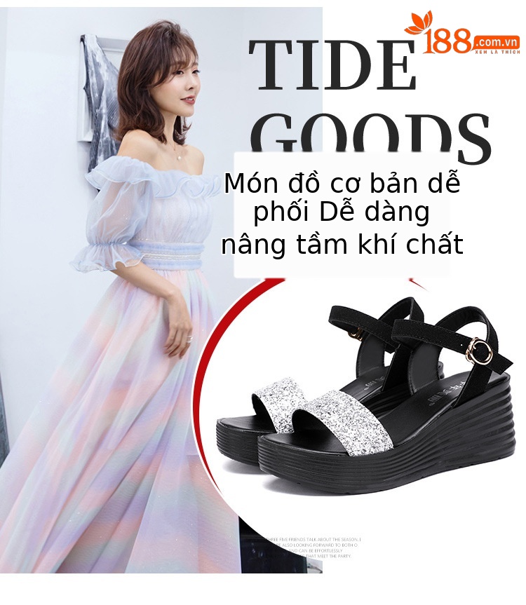 Sandal nữ đế xuồng cao gót hở mũi quai ngang đính đá platform — Màu đen, Màu vàng, Màu bạc chi tiết 6