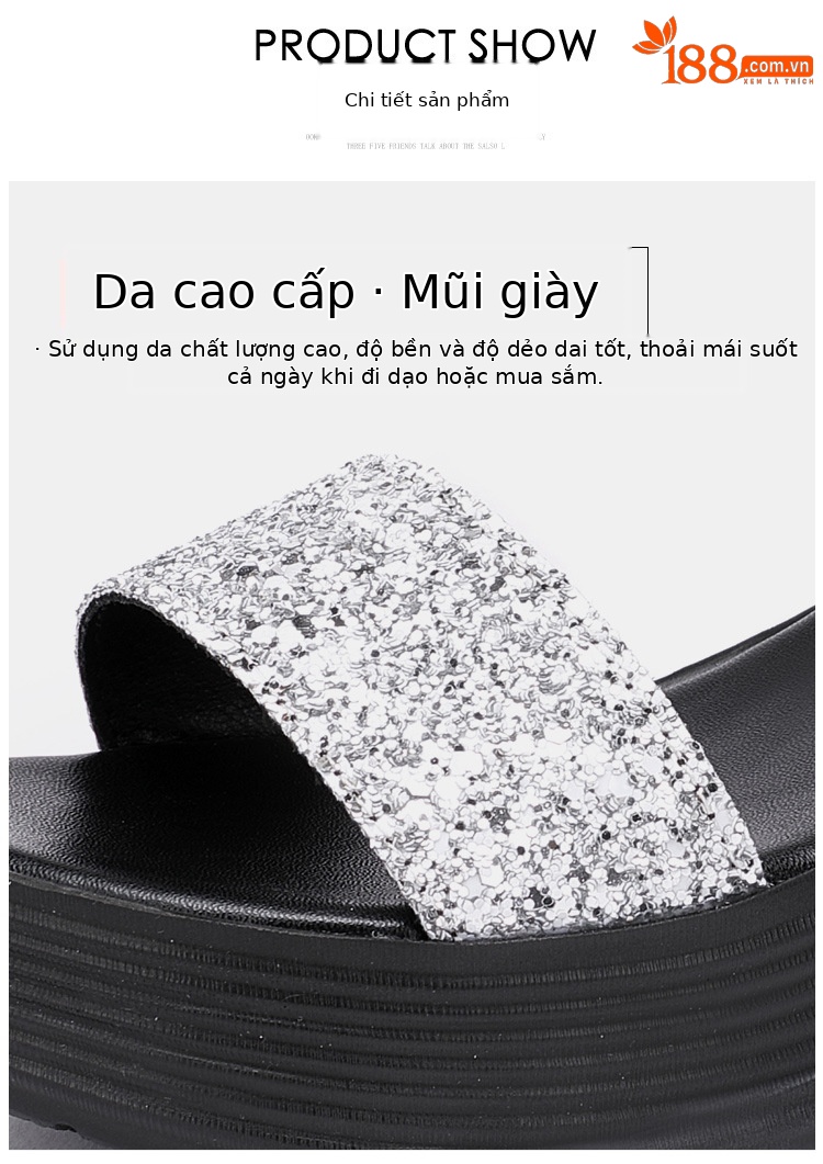 Sandal nữ đế xuồng cao gót hở mũi quai ngang đính đá platform — Màu đen, Màu vàng, Màu bạc chi tiết 7