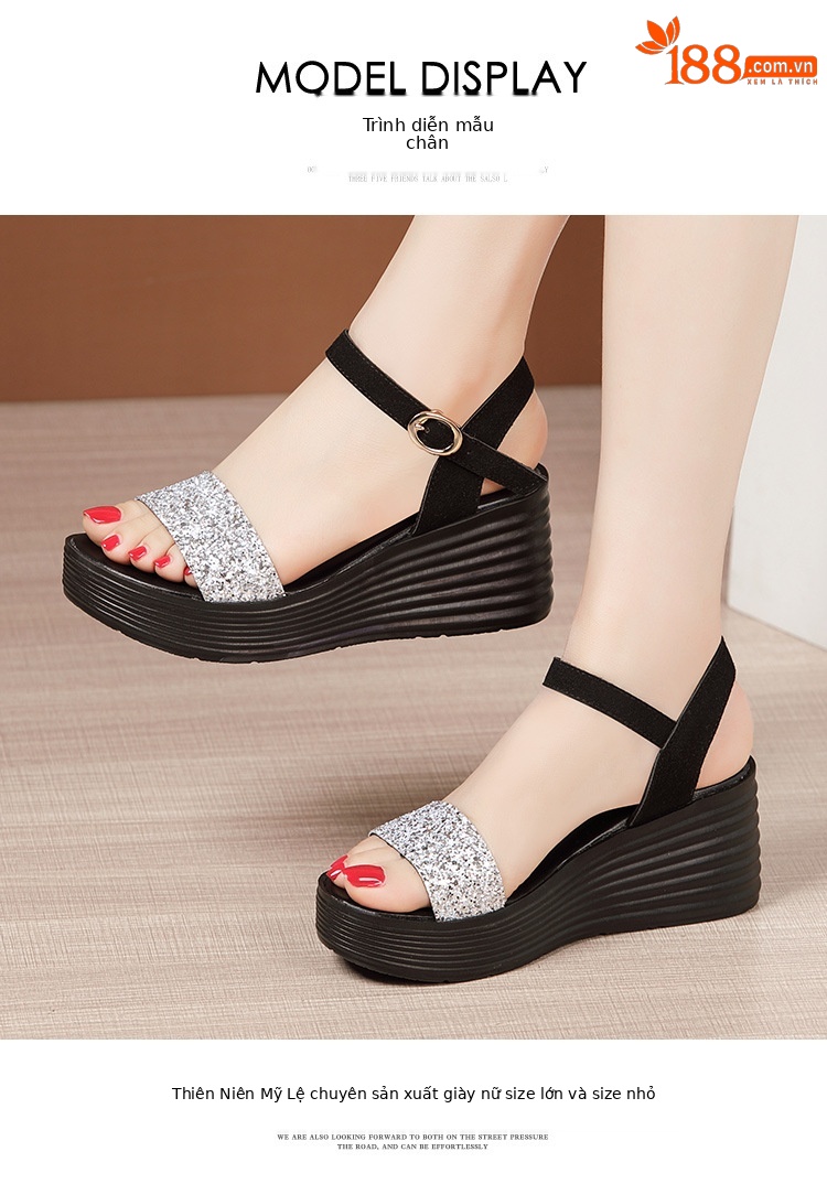 Sandal nữ đế xuồng cao gót hở mũi quai ngang đính đá platform — Màu đen, Màu vàng, Màu bạc chi tiết 12
