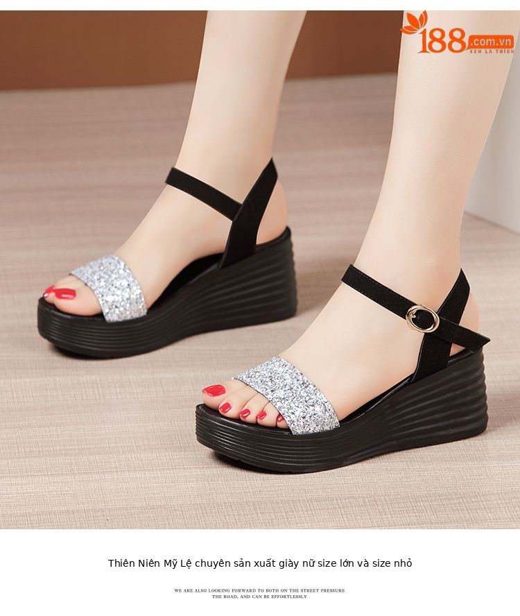 Sandal nữ đế xuồng cao gót hở mũi quai ngang đính đá platform — Màu đen, Màu vàng, Màu bạc chi tiết 13
