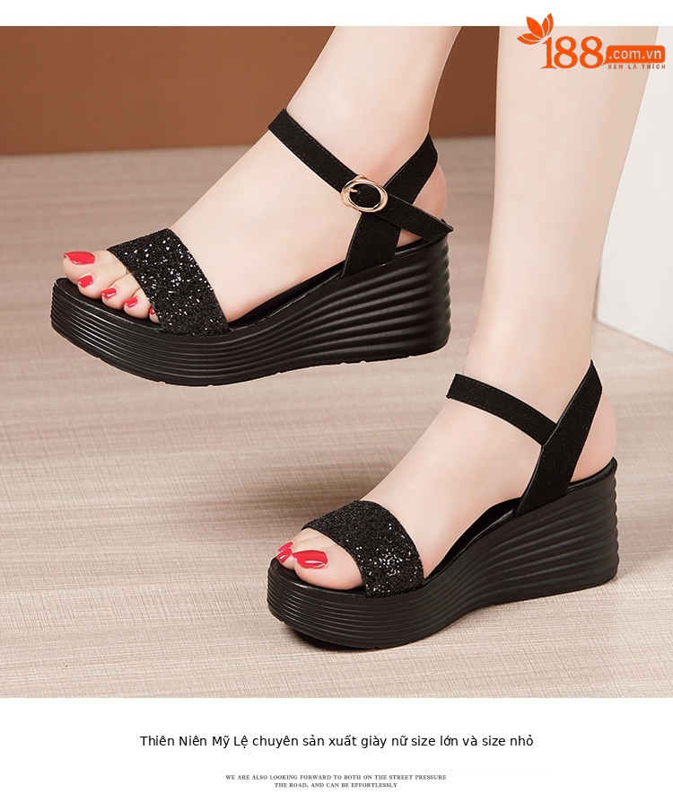 Sandal nữ đế xuồng cao gót hở mũi quai ngang đính đá platform — Màu đen, Màu vàng, Màu bạc chi tiết 14
