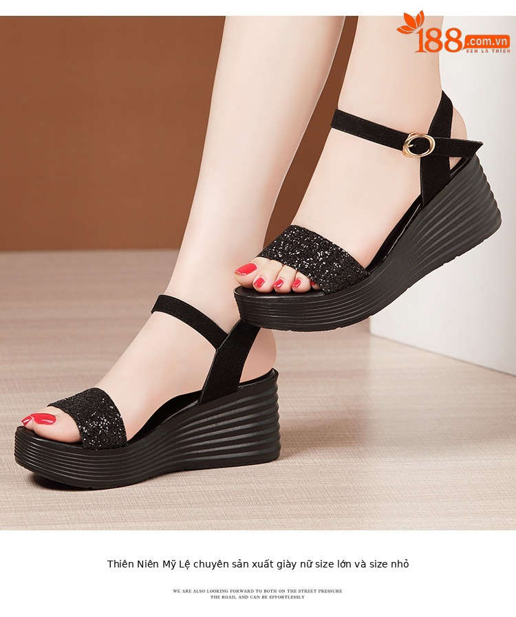Sandal nữ đế xuồng cao gót hở mũi quai ngang đính đá platform — Màu đen, Màu vàng, Màu bạc chi tiết 15