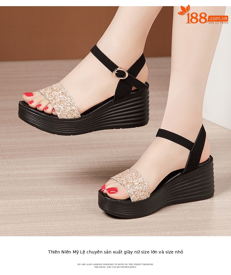 Sandal nữ đế xuồng cao gót hở mũi quai ngang đính đá platform — Màu đen, Màu vàng, Màu bạc chi tiết 16