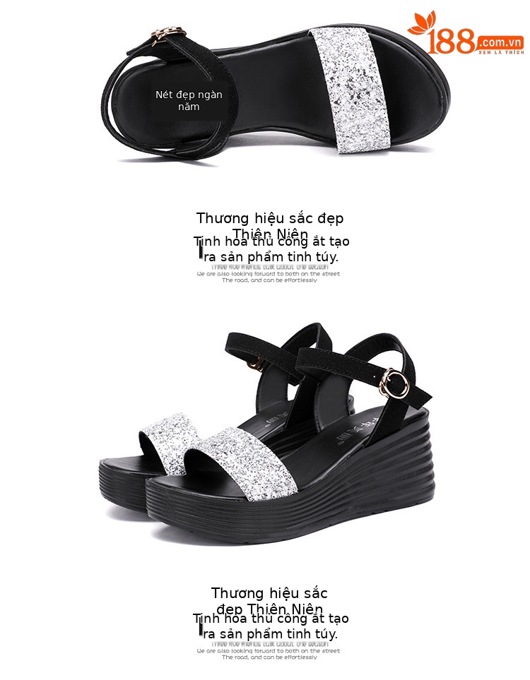Sandal nữ đế xuồng cao gót hở mũi quai ngang đính đá platform — Màu đen, Màu vàng, Màu bạc chi tiết 19