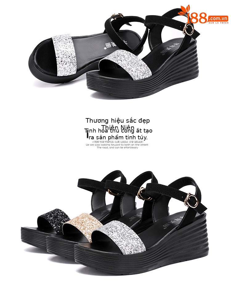 Sandal nữ đế xuồng cao gót hở mũi quai ngang đính đá platform — Màu đen, Màu vàng, Màu bạc chi tiết 20