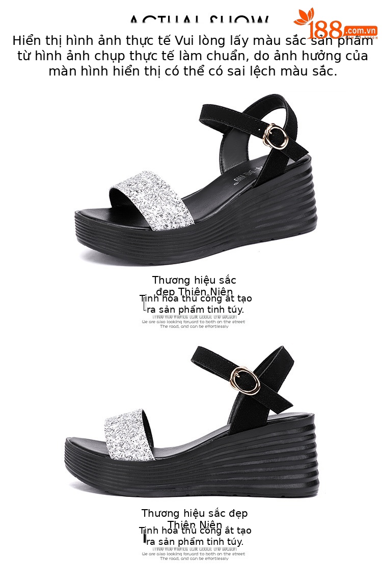 Sandal nữ đế xuồng cao gót hở mũi quai ngang đính đá platform — Màu đen, Màu vàng, Màu bạc chi tiết 18