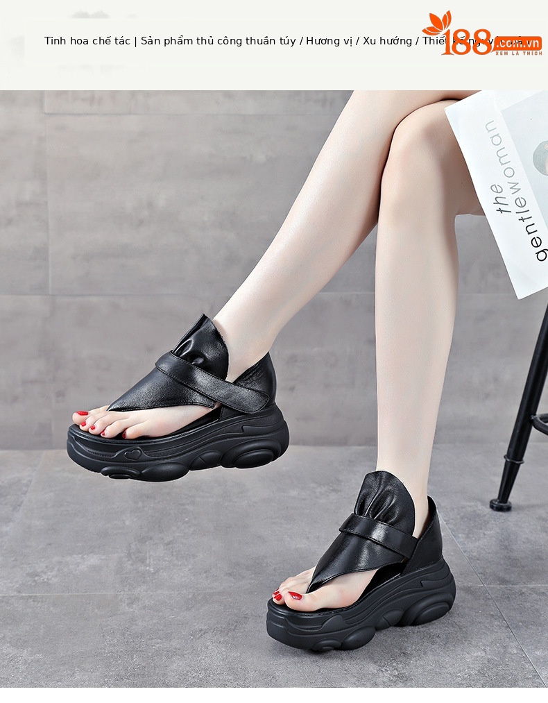 Dép xỏ ngón da thật nữ đế bệt đế dày mùa hè — Màu đen chi tiết 1