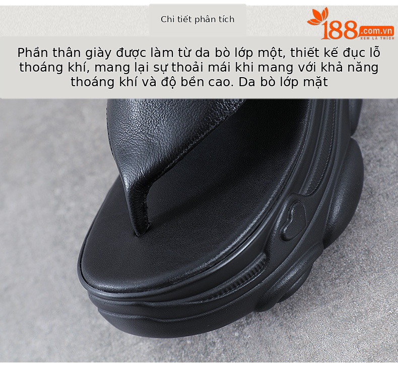 Dép xỏ ngón da thật nữ đế bệt đế dày mùa hè — Màu đen chi tiết 4