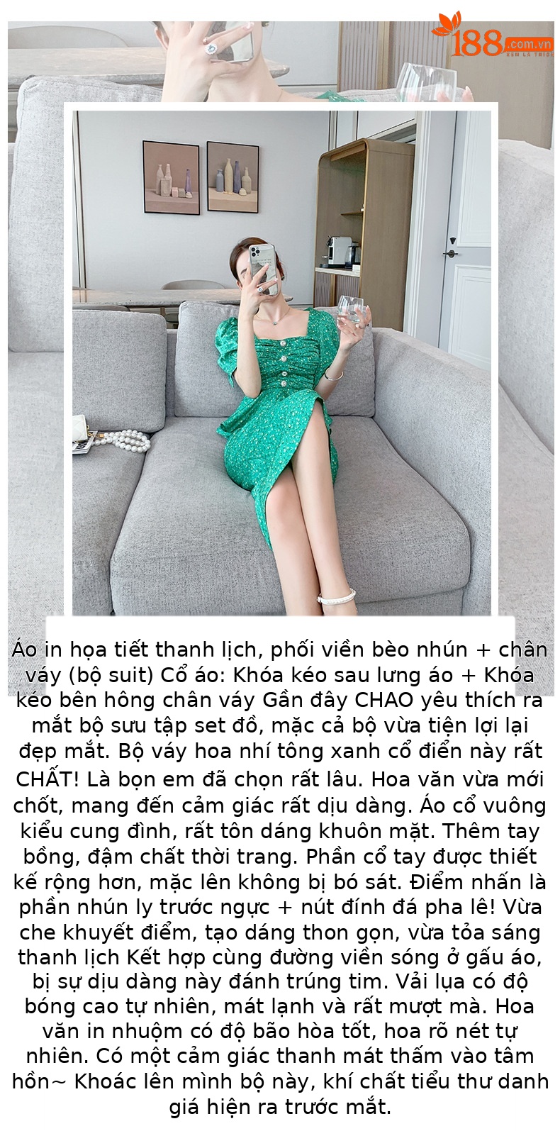 Bộ thời trang đường phố phong cách Salt mùa hè 2026 mới, áo bèo nhún eo cao, chân váy cạp cao, bộ hai mảnh — Màu xanh lá chi tiết 1