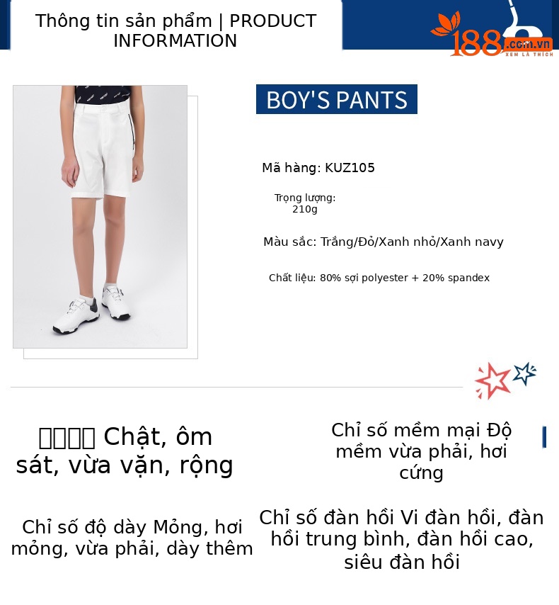 Quần short golf trẻ em PGM co giãn thắt lưng mùa hè — KUZ105 Màu Đỏ, KUZ105 Màu xanh nhạt, KUZ105 màu xanh hải quân, KUZ105 màu trắng chi tiết 3