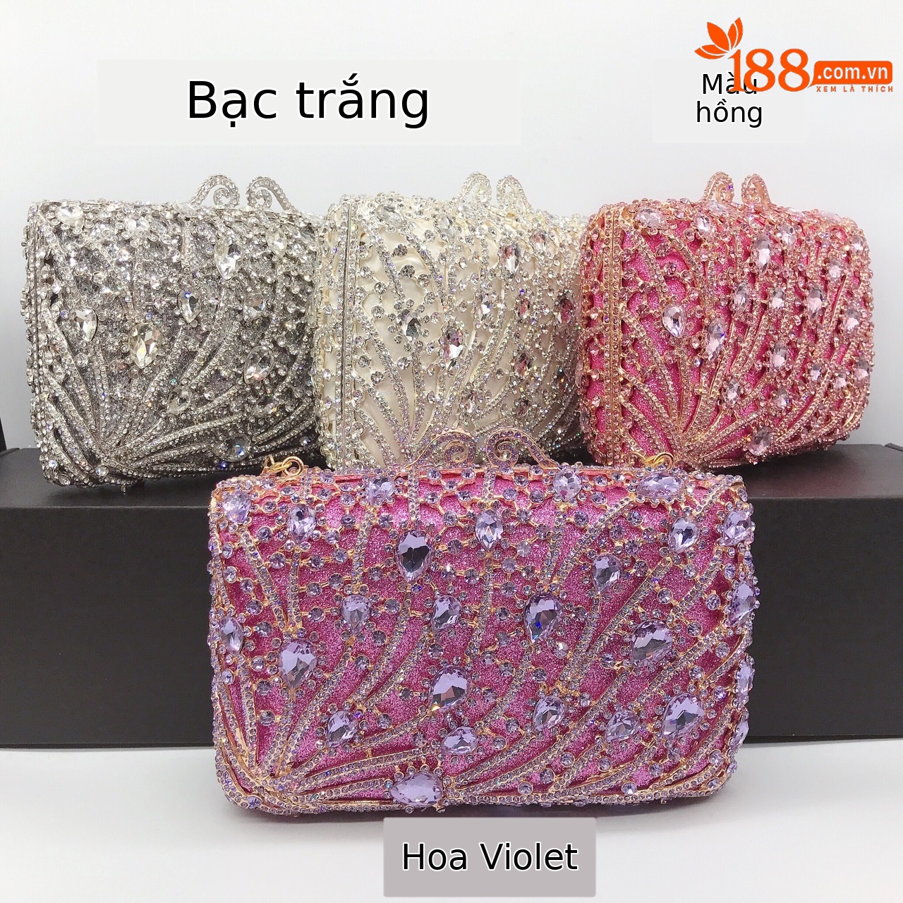 Túi clutch nữ đính kim cương phong cách châu Âu, dây chuyền vuông sang trọng — Hoa violet chi tiết 1
