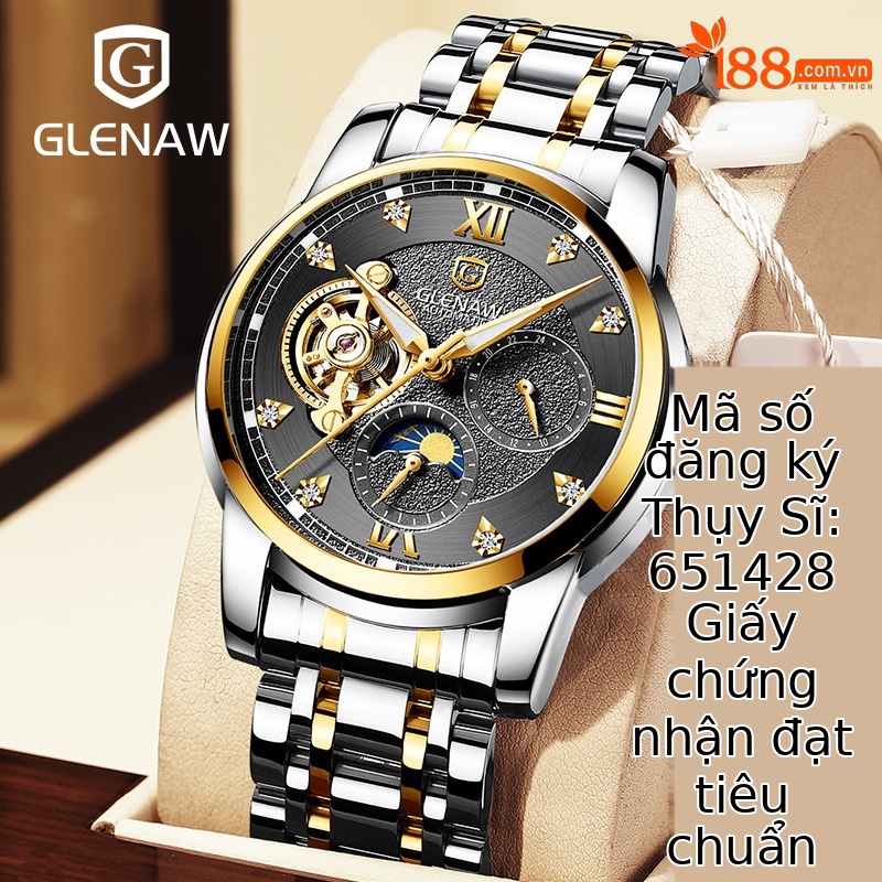 Đồng hồ nam cơ tự động Glenn mặt lộ máy dây thép không gỉ phát quang