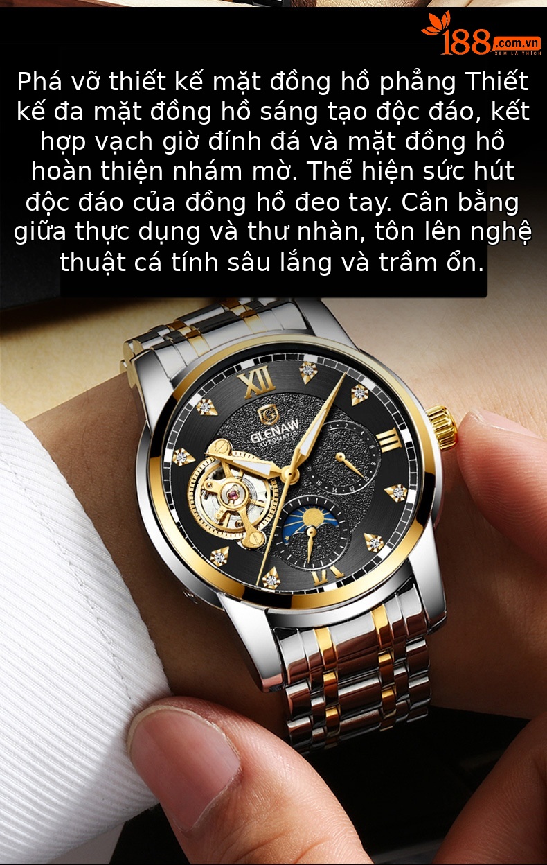 Đồng hồ nam cơ tự động Glenn mặt lộ máy dây thép không gỉ phát quang chi tiết 5