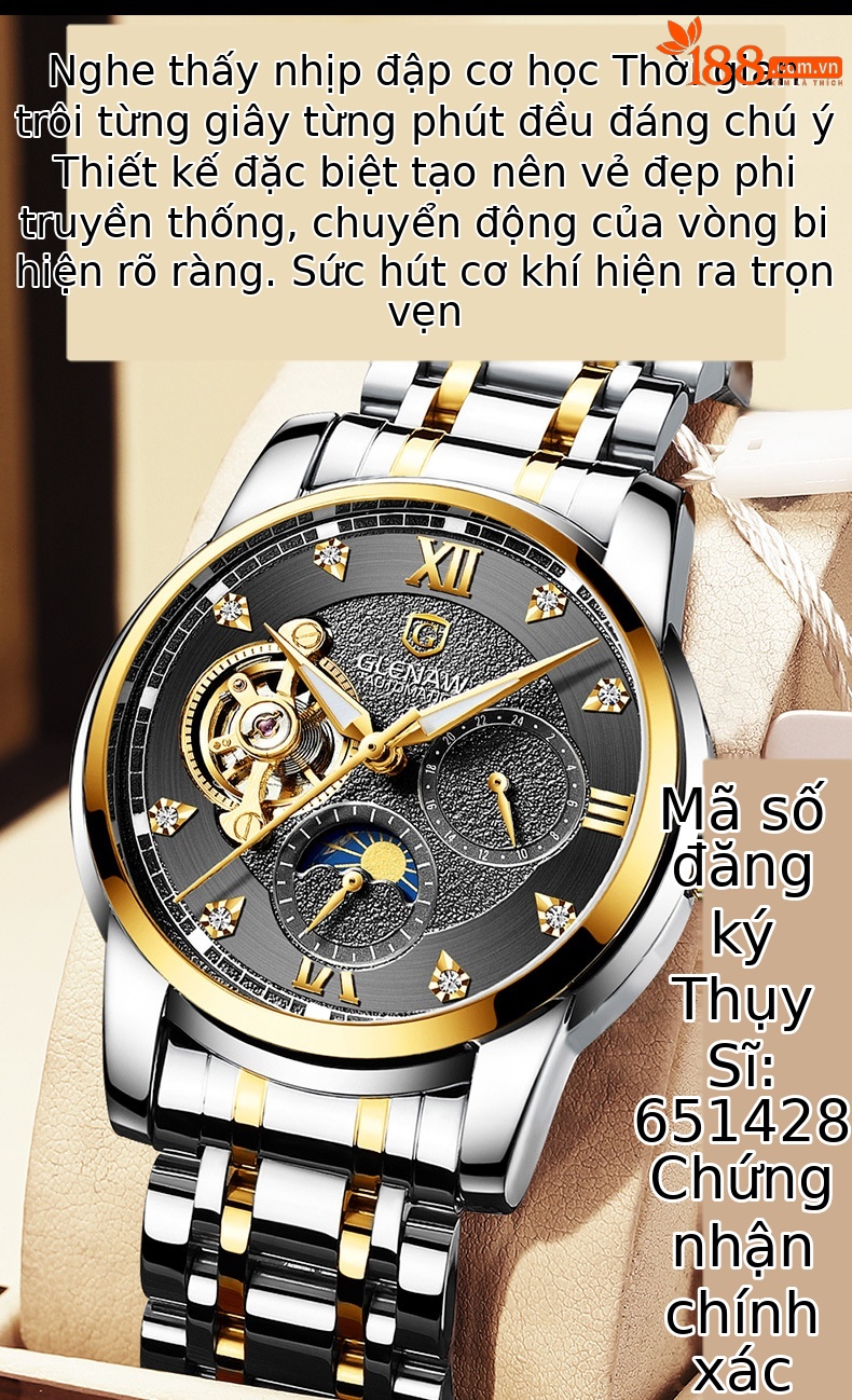 Đồng hồ nam cơ tự động Glenn mặt lộ máy dây thép không gỉ phát quang chi tiết 4