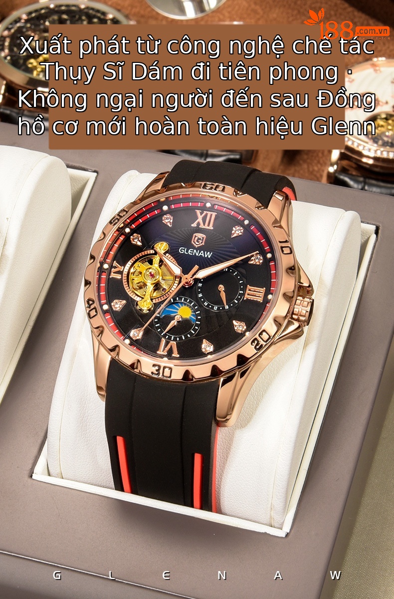 Đồng hồ nam tự động Glenn skeleton lộ máy dạ quang thể thao chi tiết 1