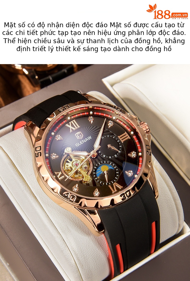 Đồng hồ nam tự động Glenn skeleton lộ máy dạ quang thể thao chi tiết 3