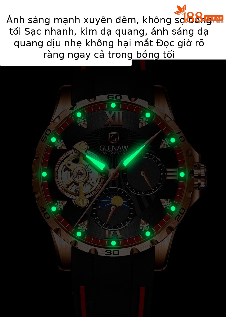 Đồng hồ nam tự động Glenn skeleton lộ máy dạ quang thể thao chi tiết 7