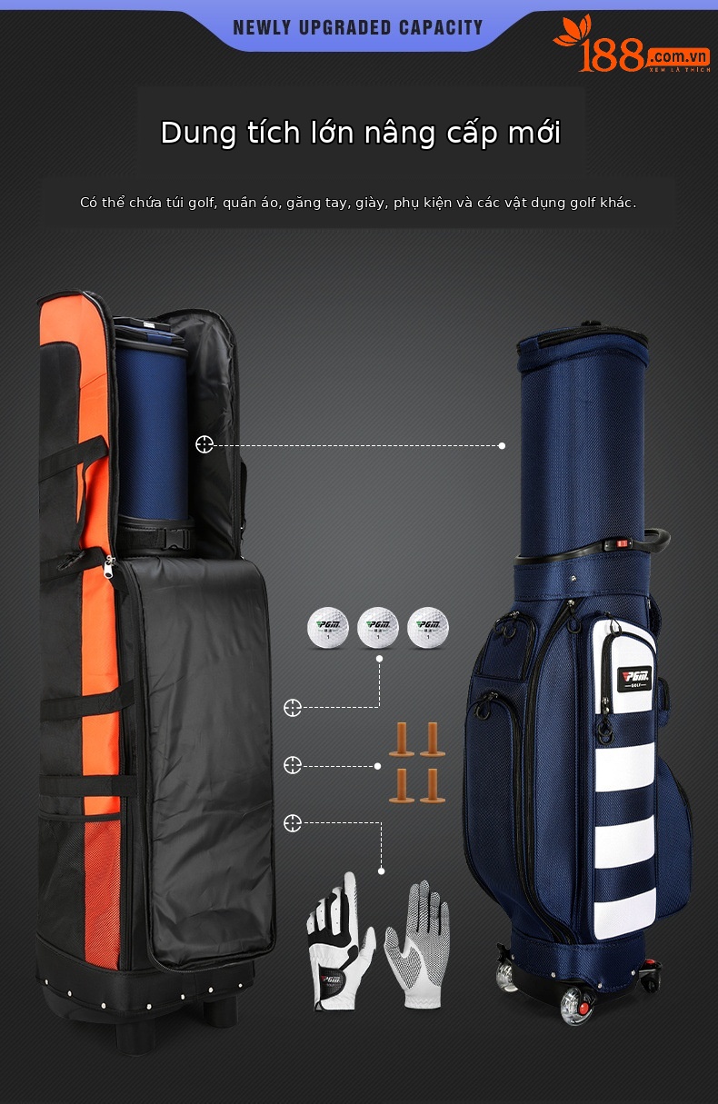 Túi hàng không golf PGM hai lớp đáy cứng có bánh xe, kích thước 141x38.5x31.5 cm — HKB010 đen và cam (Phiên bản bình thường), HKB010 đen xanh (phiên bản bình thường), HKB010 Đen Bạc (phiên bản thường), HKB010 tất cả màu đen (phiên bản bình thường) chi tiết 6