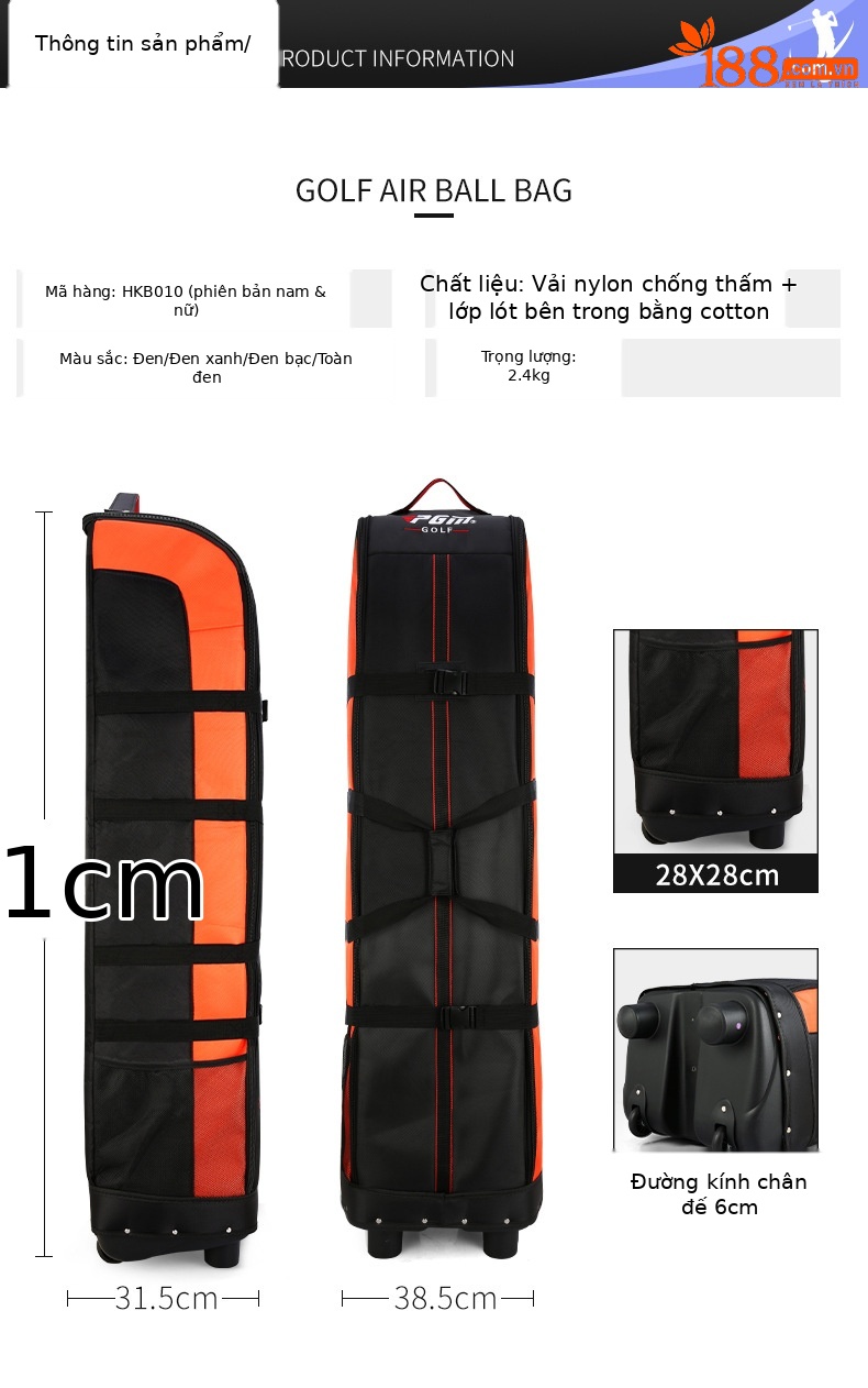 Túi hàng không golf PGM hai lớp đáy cứng có bánh xe, kích thước 141x38.5x31.5 cm — HKB010 đen và cam (Phiên bản bình thường), HKB010 đen xanh (phiên bản bình thường), HKB010 Đen Bạc (phiên bản thường), HKB010 tất cả màu đen (phiên bản bình thường) chi tiết 8