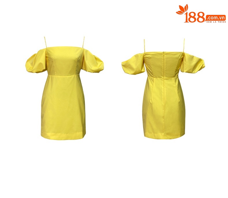Đầm suông nữ cổ yếm tay phồng hở vai phong cách hiện đại — Màu vàng chi tiết 4