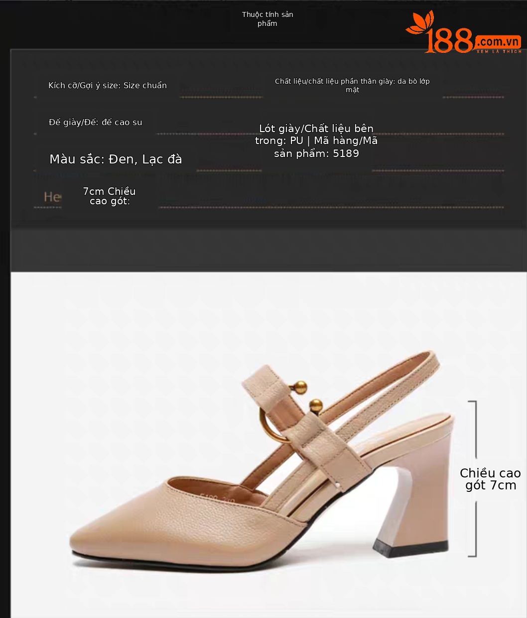 Sandal cao gót nữ mũi nhọn da thật gót vuông 7 cm quai ngang — Màu Mơ (7 cm) chi tiết 2